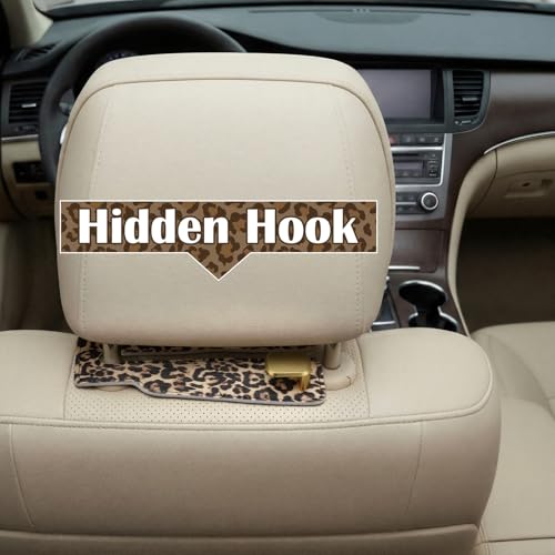 Silkfly 4 Pcs Leopard Print Car Seat Back Hooks, Brown Cheetah Car Headrest Hooks Metal & Leather Multi-Function Storage Double Hanger for Purse Handbags Phone Organizer Accessories Gift