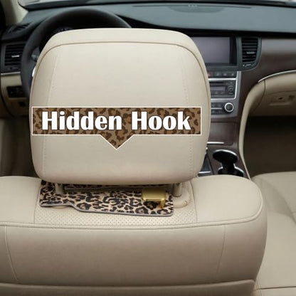 Silkfly 4 Pcs Leopard Print Car Seat Back Hooks, Brown Cheetah Car Headrest Hooks Metal & Leather Multi-Function Storage Double Hanger for Purse Handbags Phone Organizer Accessories Gift