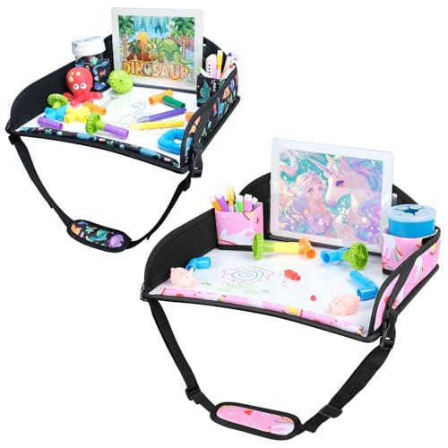 COOLBEBE Kids Travel Tray for Toddler Car Seat, 2PCS Travel Tray for Airplane, Lap Tray, Carseat Table Tray for Kids Travel Activities, Dinosaur & Pink Unicorn - color: Dinosaur & Pink Unicorn