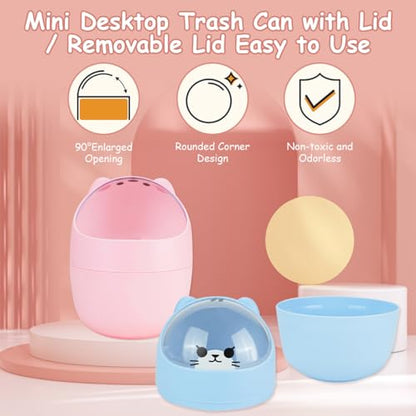 Mini Trash Can, Cute Small Trash Can with Lid, Desktop Paper Bin with 5 Rolls of Bin Liners, Portable Tabletop Dustbin, Cartoon Animal Rubbish Storage for Office Bedroom Desk Car Kitchen(Pink) - color: Pink