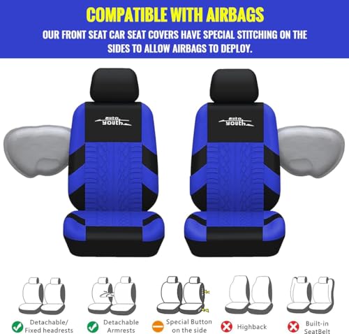AUTOYOUTH Blue Seat Covers Front Seats Only, 3D Tyre Embossed Breathable Bucket Covers, Airbag Compatible, Quick Setup Universal Fit for Sedan, SUV, Truck, Van - color: Blue & Black, size: Front Seats Only (4 pieces)