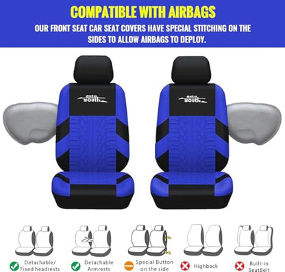 AUTOYOUTH Blue Seat Covers Front Seats Only, 3D Tyre Embossed Breathable Bucket Covers, Airbag Compatible, Quick Setup Universal Fit for Sedan, SUV, Truck, Van - color: Blue & Black, size: Front Seats Only (4 pieces)