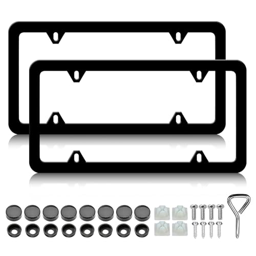 2 Pack Matte Black License Plate Frames - Aluminum Metal License Plate Holder for Men Women Car Tag Frame with Screws Fasteners Caps (4 Holes) - color: Balck B