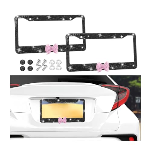 Bling Car License Plate Frame for Women, 2PCS Crystal Rhinestone Stainless Steel Vehicle Plate Holder, Glitter Diamond Sparkly Auto Plate Cover Accessories, Universal Fit (Black/Pink Bow) - color: Black/Pink Bow
