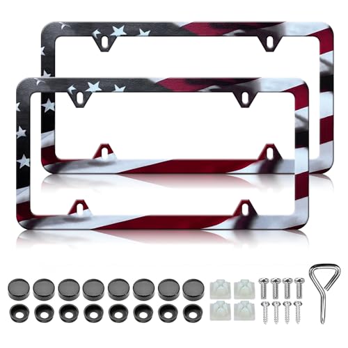 LIN KANG American Flag License Plate Frame Holder - 2 Pack Patriotic Universal Aluminum Matte Stripe US Flag Gloss Car Plate Frame Covers with 4 Holes and Screws Fasteners Caps - color: Matte American Flag 4 Holes D