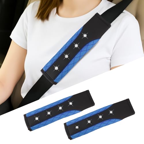 Hovom 2PCS Bling Car Seat Belt Cover Pad, Leather Seatbelt Covers for Cars, Soft Safety Seatbelt Shoulder Strap Covers, Rhinestone Auto Seat Belt Protector Cushion for Women Girls (Blue) - color: Blue