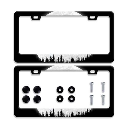 【2Pcs】 Full Moon Forest License Plate Frame License Plate Stainless Steel Auto Parts Funny License Plate Decorative with Screws Size 12.3" x 6.3" Men Women - color: 【2Pcs】Full moon forest