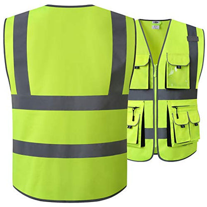 JKSafety 10 Pockets Class 2 High Visibility Zipper Front Safety Vest Yellow with High Reflective Strips Meets ANSI/ISEA Standards (88-Yellow, Medium) - color: Yellow, size: Medium