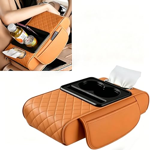 Multifunctional Car Armrest Cover with Cup Holder, Universal Fit Center Console Cover, High Resilience Foam, Tissue, Phone Stand and Multi Pocket Organizer (Orange) - color: Orange
