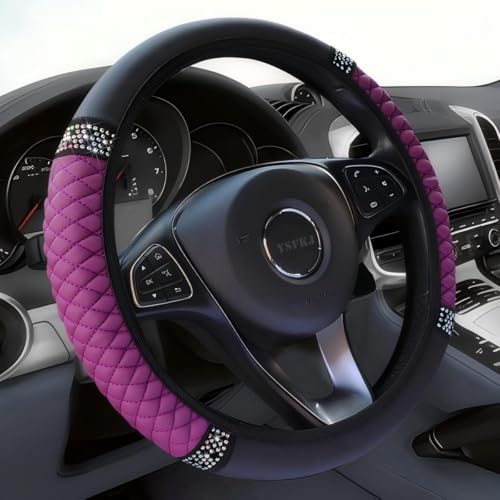Soft Leather Car Steering Wheel Cover, Universal 15 Inch Colorful Rhinestones Anti-Slip Elastic Steering Wheel Covers for Most Cars, Sparkly Crystal Diamond for Women Girls (Purple) - color: Purple