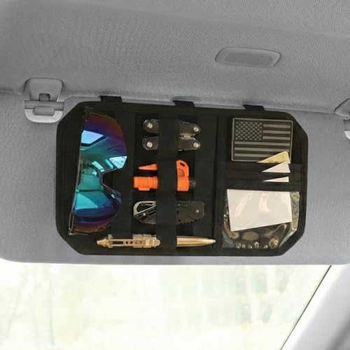 2 Pack Car Sun Visor Organizer, Auto Interior Accessories Tactical Molle Panel & PU Leather Visor Storage Pouch with Sunglasses Clip, Multi-Pocket Document Holder for Truck SUV Car Gear