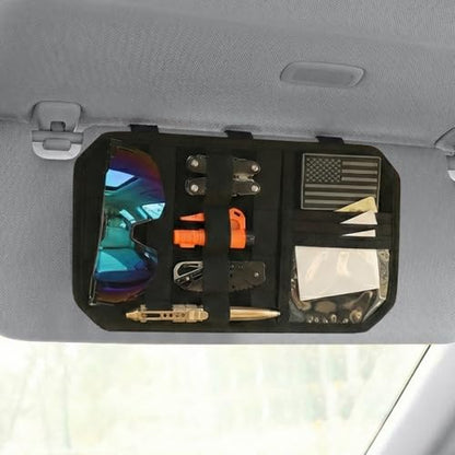 2 Pack Car Sun Visor Organizer, Auto Interior Accessories Tactical Molle Panel & PU Leather Visor Storage Pouch with Sunglasses Clip, Multi-Pocket Document Holder for Truck SUV Car Gear
