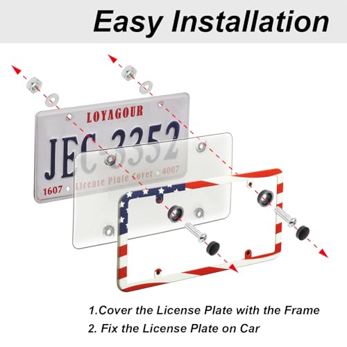 2Pack License Plate Cover and Frames,Clear Front and Rear License Plate Holder Shield,Unbreakable Car Licence Plate Frame Protector fits Any US Plates with Screws & Caps (American Flag Frame) - color: American Flag Frame with Clear Cover