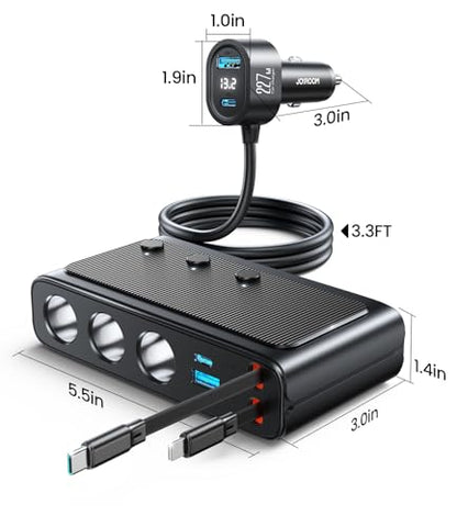 JOYROOM 9 in 1 Cigarette Lighter Splitter, 227W Dual Retractable Car Charger - 45W/24V(36W/12V) USB C Fast Charger for iPhone 17/Samsung, Independent Switches Cigarette Lighter Adapter for Car Devices