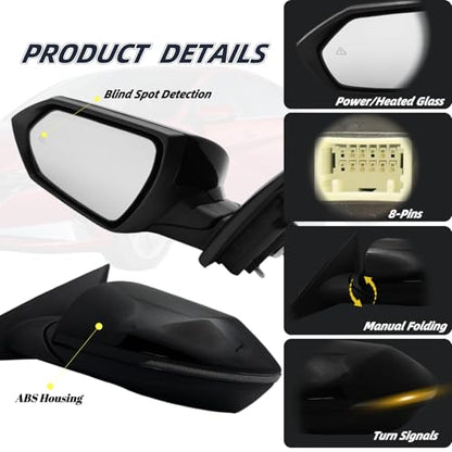Left Driver Side Mirror Compatiable With 2021 2022 2023 2024 2025 Hyundai Elantra With Heated Power Glass Turn Signals Blind Spot Manual Folding 8Pins Black