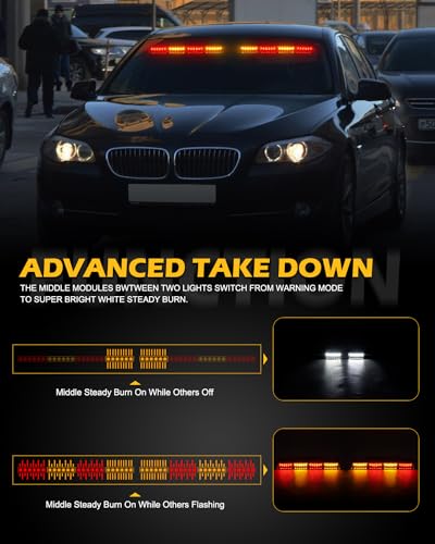 HLauto 604N Emergency Dash Strobe Lights: 2x16.8 inch Amber Red Security Light w/Take Down, 48 LED Safety Flashing Warning Hazard Interior Windshield Light Bar for Trucks Vehicles - color: #04 Amber / Red