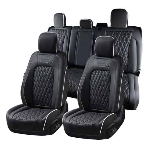 Coverado Premium Leather Full Set Seat Covers Waterproof Heavy-Duty Protectors Custom Fit for Ford F150 (2015-2026) F250/F350/F450 (2017-2026)-Black w/White Stitching, Wear-Resistant - color: BlackW_line-Z, size: Fullset