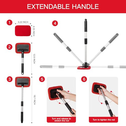 Qydipclin 11pcs Windshield Cleaner Tool, Car Window Cleaning Wash Kit with 6 Reusable Microfiber Pads 2 Spray Bottles and Extendable Handles Auto Glass Wiper Kit, Red - color: Red