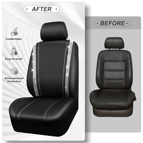CAR PASS Bling Diamond Car Seat Covers, Shining Rhinestones Waterproof Faux Leather, 7 Seats 3 Rows with Zipper Glitter Crystal Sparkle Strips Universal Fit 95% MPV,SUV,CAR for Women Girl, Silver - color: Silver Seven Seats, size: Full Set