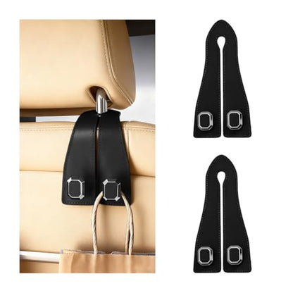 2PCS Car Headrest Hooks, Nappa Leather Metal Vehicle Double Seat Back Storage Hook for Purse Bag Coat, Multifunctional Automotive Interior Hanging Hanger, Universal Fit (Black) - color: Black