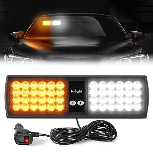 Nilight Amber White 48LED Visor Strobe Lights Interior Windshield Emergency Warning Light Super Bright LED for Police Enforcement Firefighters Vehicle Trucks - color: Amber and White