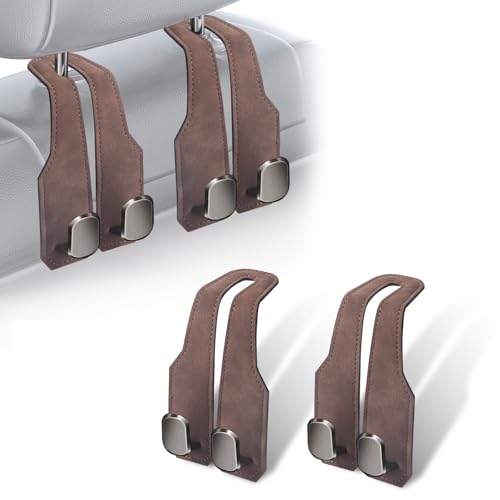 2Pcs Car Headrest Hooks with Premium Leather, Upgraded Double Metal Hooks with Anti-Drop Design, Universal Back Seat Hanger for Bags, Coats, Purses and Groceries (Stylish Brown) - color: Stylish Brown 2Pcs