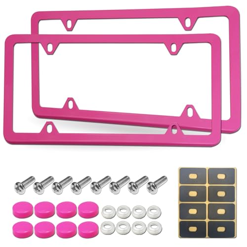Pink License Plate Frames- Aluminum Front & Rear Car Tag Covers for Women, 2 Pack 4 Hole Thin Slim Holders with Mounting Hardware Kit- Screws, Rattle Proof Pads - color: Pink