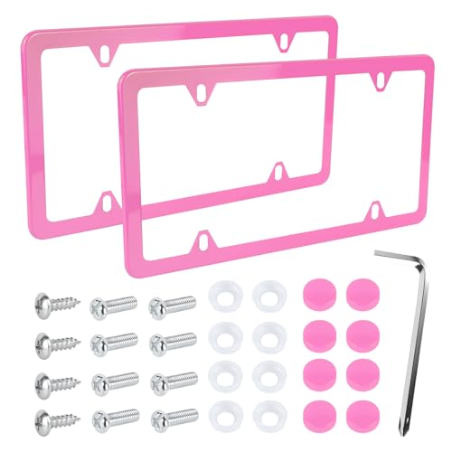 Wuyaoyao 2PCS Car License Plate Frames, 4 Holes Stainless Steel License Plate Frame, Slim License Plates Cover Holder with Screws Bolts Caps Washers, Universal Exterior Car Accessories (Pink) - color: Pink