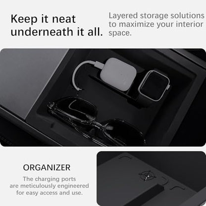 Center Console Organizer Tray for Model Y Juniper 2025 2026 & Model 3 Highland (2024-2026), Double-Layer Sliding Hidden Armrest Storage Box, Tesla Accessories (Matte Black) - size: 4PC(25-26) Tesla Model Y & (24-26) Tesla Model 3