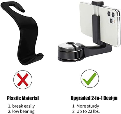 TOOVREN Upgraded 2 Pack Car Headrest Hidden Hook 2 in 1 Car Seat Hooks with Phone Holder for Purse, Backpacks,Toys,and Even Bottle Storage Organizer (Silver)