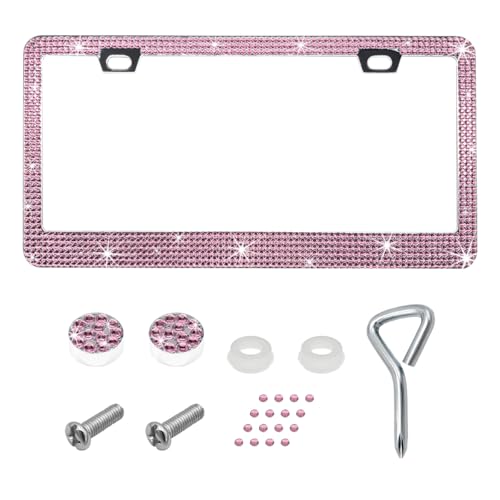 DXNQ Bling License Plate Frame, Sparkly Rhinestone Diamond License Plate Cover with Crystal Screws Caps, Glitter Crystal Stainless Steel License Plate Holder for Women, Car Accessories (Light Pink) - color: Light Pink