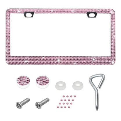 DXNQ Bling License Plate Frame, Sparkly Rhinestone Diamond License Plate Cover with Crystal Screws Caps, Glitter Crystal Stainless Steel License Plate Holder for Women, Car Accessories (Light Pink) - color: Light Pink