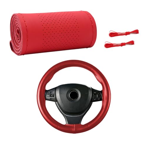 Wevdn Genuine Leather Steering Wheel Cover, Stitch on Wrap, DIY Sewing Steering Wheel Protector, 15 Inch Breathable Non-Slip Steering Wheel Protector, Car Accessories (Red, Middle Hole) - color: Red, size: Middle Hole