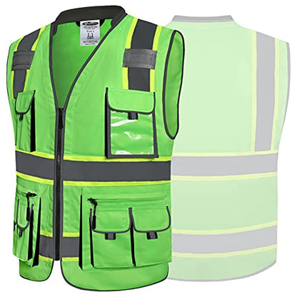 JKSafety 10 Pockets Hi-Vis Zipper Front Fluorescent Green Safety Vest | Cushioned Collar | High Reflective Tapes with Extended Neon Yellow Strips | Meets ANSI/ISEA Standards (Large, 89-Green) - color: Greent1s1, size: Large