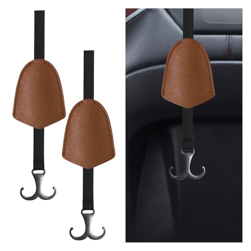 2PCS Car Seat Headrest Hooks, Leather Auto Hangers Storage Organizer with 33 Pounds Load Capacity, Universal Car Interior Organize Accessory for Purses, Bags, Umbrellas, Bottles, Coats (Brown) - color: Brown