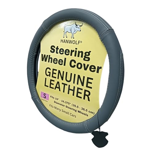 Steering Wheel Cover, Gray, Real Genuine Leather, Small, 14 inch, for Men and Women, Universal, Stretch On, Heat Resistant, Stays Cool, Non-Slip, HANWOLF - color: Dark Gray, size: Small (14 to 14.375 inch diameter)