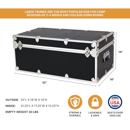 Rhino Trunk & Case Large Essential Trunk With Wheels 32”x18”x14”, 1000+ lbs Capacity - Many Colors. Strong, USA Made Summer Camp Footlocker, and Secure College Dorm Storage Chest - color: Black