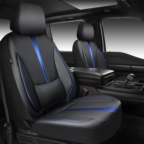 CAR PASS Nappa Leather Two Front Car Seat Covers, Water Resistant Faux PU Leather Seat Covers, 3D Foam Support Automotive Seat Covers Comfortable & Durable Universal Fit for Cars SUV Truck, Black Blue - color: Black and Blue, size: Two Front