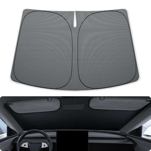 BASENOR 2026-2017 Tesla Model Y Model 3 Windshield Sunshade [Nano Ice Crystal], Folding Front Window Sun Shade, Heat UV Protection for Tesla Accessories - size: Model Y/3 Ice Crystal Black