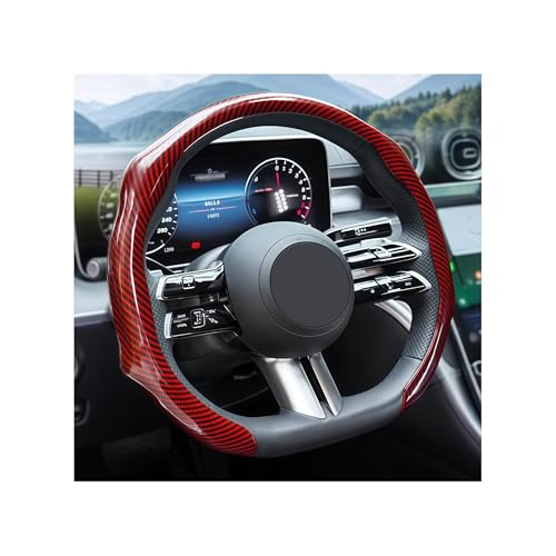 Zpana Carbon Fiber Car Steering Wheel Cover, Leather Non-Slip Vehicle Steering Wheel Cover for 14.5-15 Inch, Comfortable Auto Interior Protector Decoration Accessories, Universal Fit(Red) - color: Red