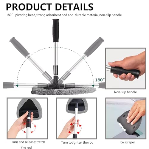Car Windshield Cleaning Tools, Expandable Car Window Cleaner kit with 4 Reusable Microfiber Pads, Windshield Cleaning Wand Tool, Auto Interior Dust Brush, for Trucks, SUVs, RVs etc - color: grey