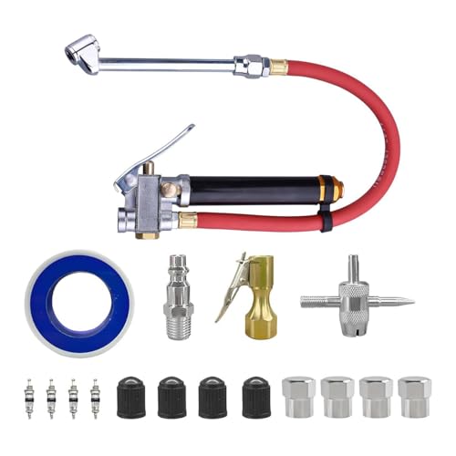 Heavy Duty Bayonet Style Tire Inflator with Air Chuck, 0-200PSI 17PCS Auto Tire Pressure Gauge with 4 Way Tool & Valve Core, Air Compressor Accessories, Universal for Sedan Truck SUV