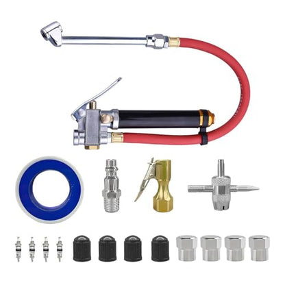 Heavy Duty Bayonet Style Tire Inflator with Air Chuck, 0-200PSI 17PCS Auto Tire Pressure Gauge with 4 Way Tool & Valve Core, Air Compressor Accessories, Universal for Sedan Truck SUV