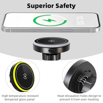 15W Magnetic Wireless Charging Phone Holder with 17mm Ball Socket for MagSafe, Universal Replacement for Car Air Vent, Dashboard, Windshield Phone Holders | Strong Magnet, 360° Rotation - style: Wireless Charging
