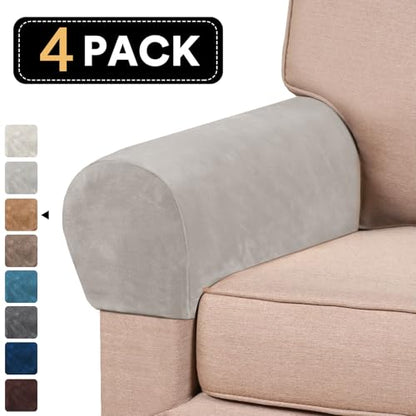 PrinceDeco 4 Pack Thick Velvet Stretch Armrest Covers for Chairs and Sofas - Non Slip, Oatmeal - color: Oatmeal