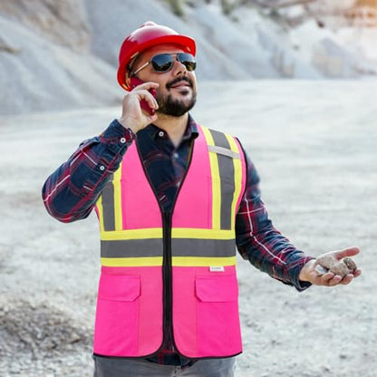 High Visibility Reflective Safety Vest with Zipper and Pockets Pink,M - color: Pink, size: Medium