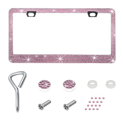 Bling License Plate Frame, Stainless Steel Glitter Crystal Diamond License Plate Cover Holder, Sparkly Bedazzled Rhinestone Car Tag Covers for Women, Car Accessories (Light Pink) - color: Light Pink, size: 1PCS