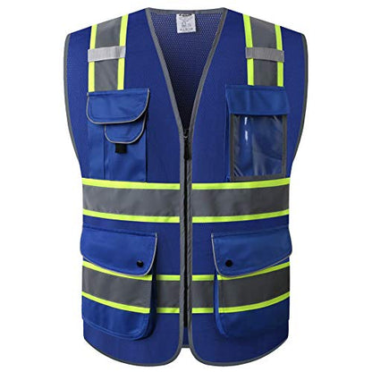 JKSafety 9 Pockets High Visibility Zipper Front MESH Blue Safety Vest | Blue with Dual Tone High Reflective Strips | ANSI/ISEA Standards (100-Blue, M) - color: Mesh-blue, size: Medium