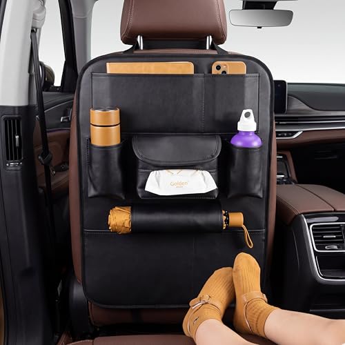 2 Pack PU Leather Premium Car SeatBack Organizer Travel Accessories Kick mats Back seat Protector and Cup Holder Holder Universal Use Seat Covers (23×17 in) - size: 22” x 17”inch