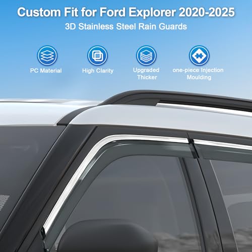 Sze Rain Guards Compatible with 2020-2026 Ford Explorer Side Window Deflectors Anti-Rain Window Visors with Tape 304 Stainless Steel Trim–Noise Reduction & All-Weather Protection Outside Channel-4pcs - style: Ford Explorer 2020-2025